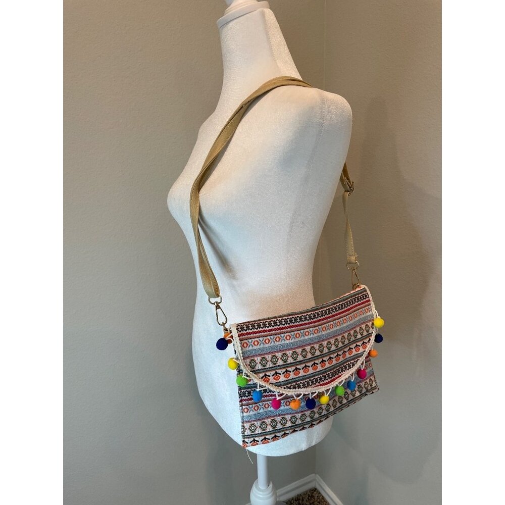 Multi Color Pom Pom Shoulder Bag or Wristlet